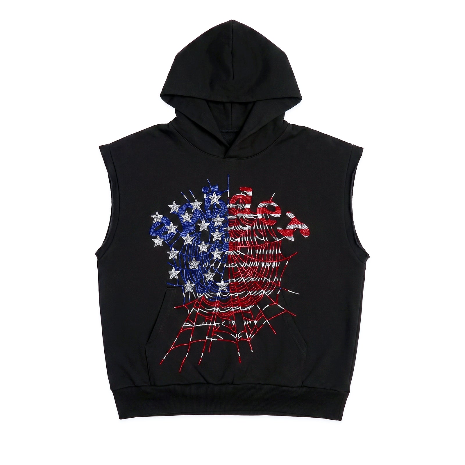 Black sleeveless hoodie with flag-inspired rhinestone OG web graphic, raw-cut armholes, and kangaroo pocket.
