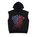Black sleeveless hoodie with flag-inspired rhinestone OG web graphic, raw-cut armholes, and kangaroo pocket.