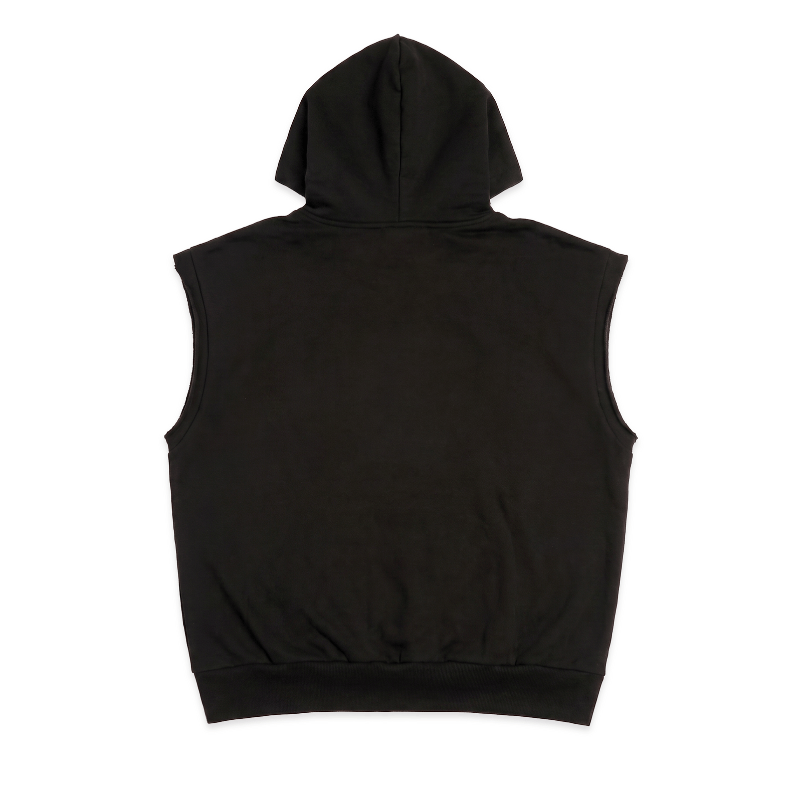 Black sleeveless hoodie with flag-inspired rhinestone OG web graphic, raw-cut armholes, and kangaroo pocket.