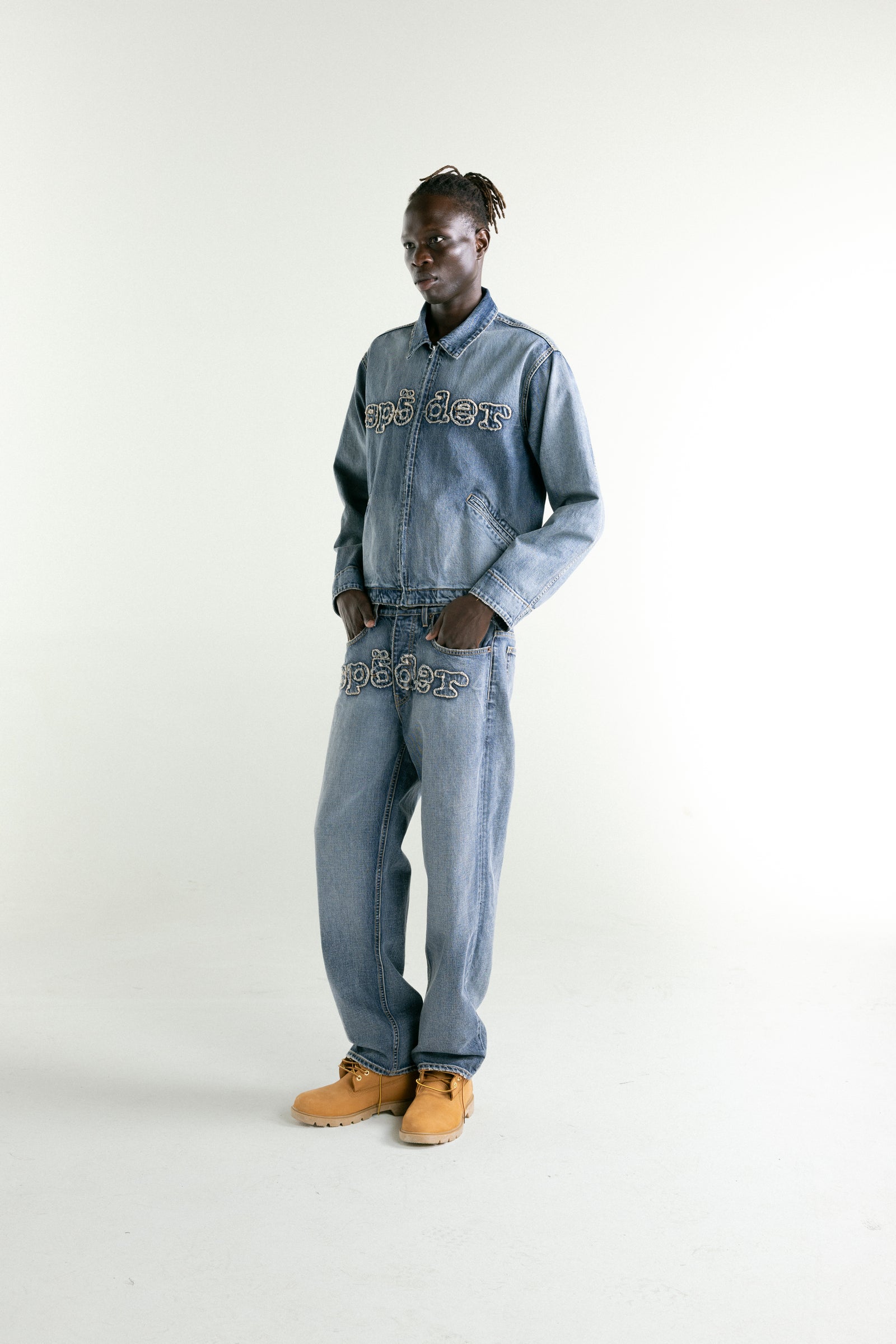 LIGHT BLUE WASH DENIM WORK JACKET ON MODEL