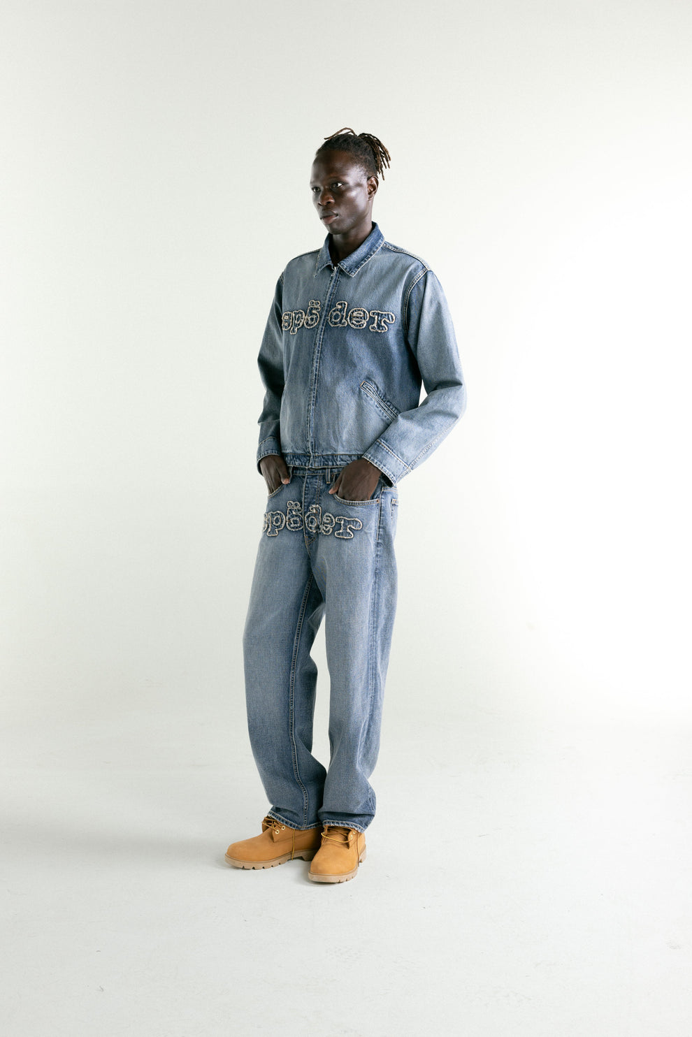 LIGHT BLUE WASH DENIM WORK JACKET ON MODEL