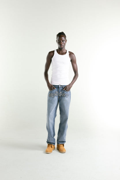 LIGHT BLUE WASH DENIM WORK PANT ON MODEL