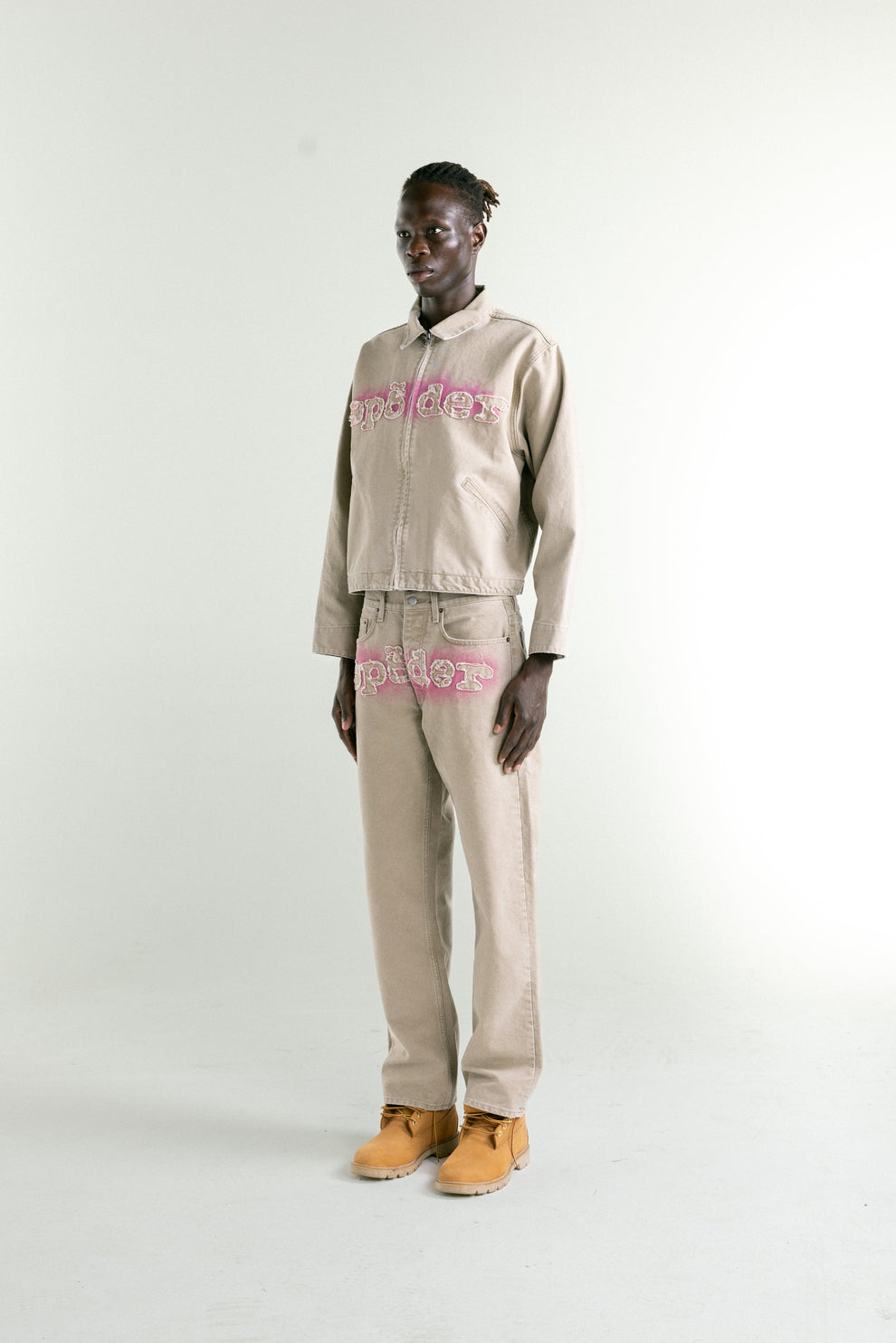 TAN CANVAS WORK JACKET ON MODEL