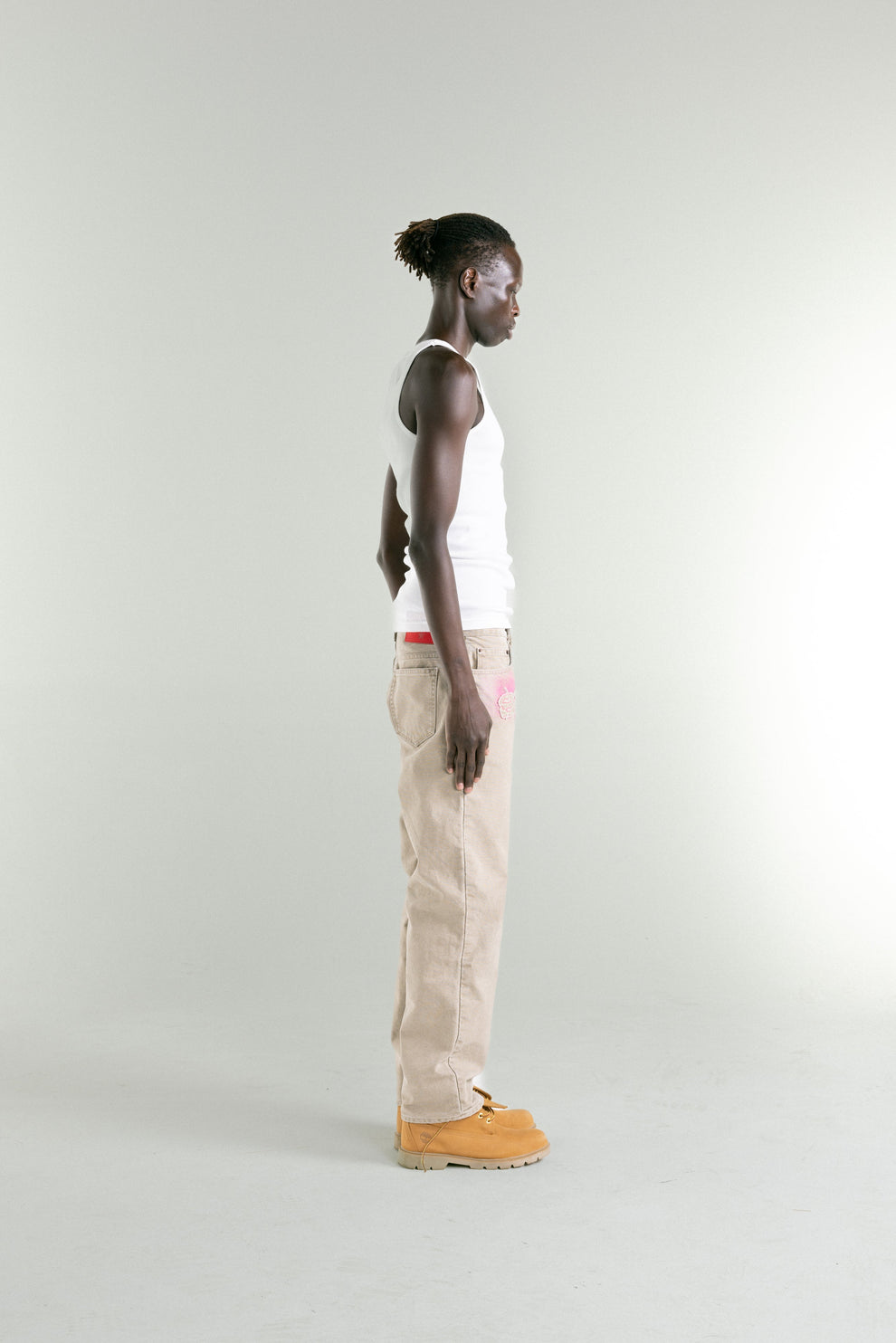 TAN CANVAS WORK PANT ON MODEL