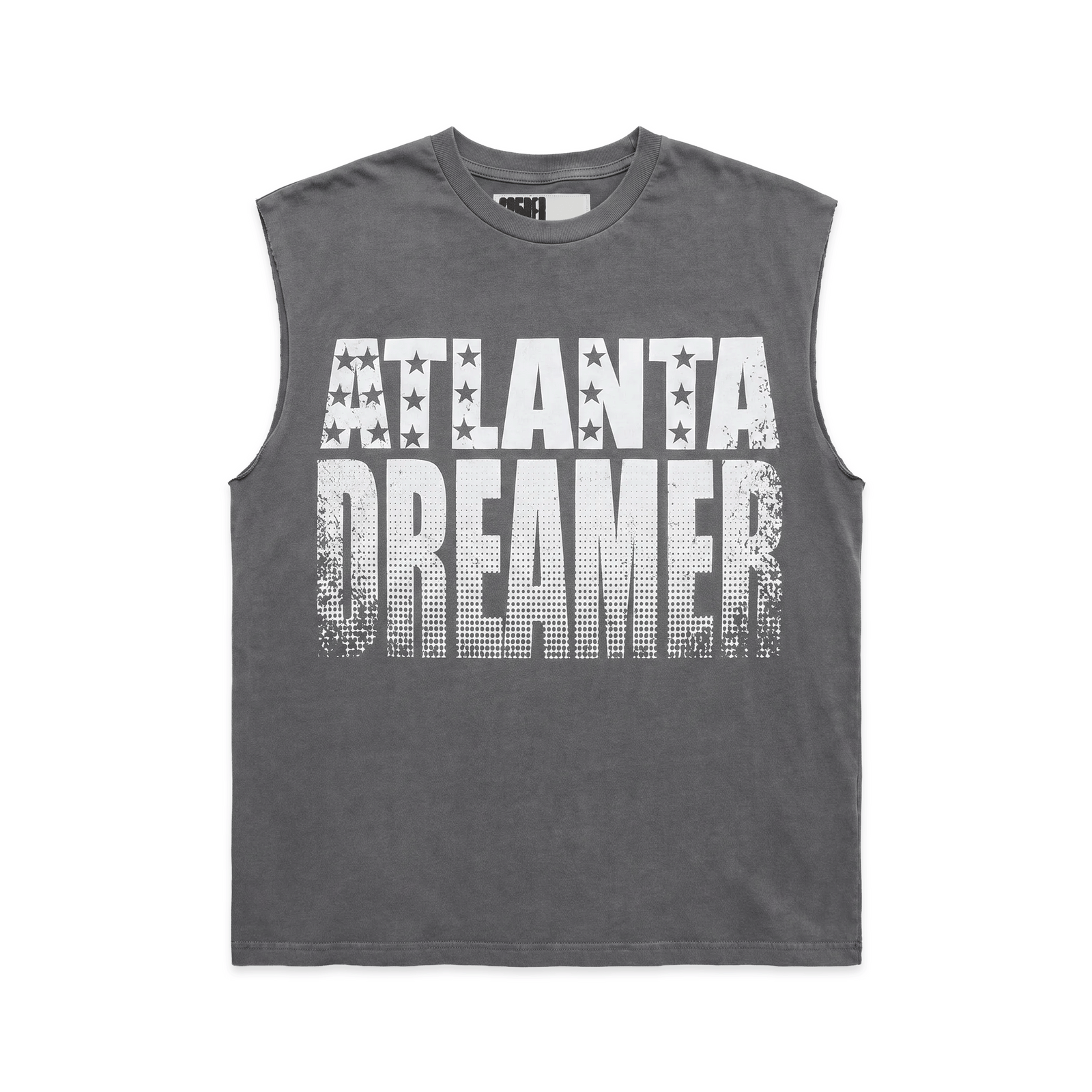 Gray vintage wash cotton tank with "ATLANTA DREAMER" graphic print and raw-cut armholes.