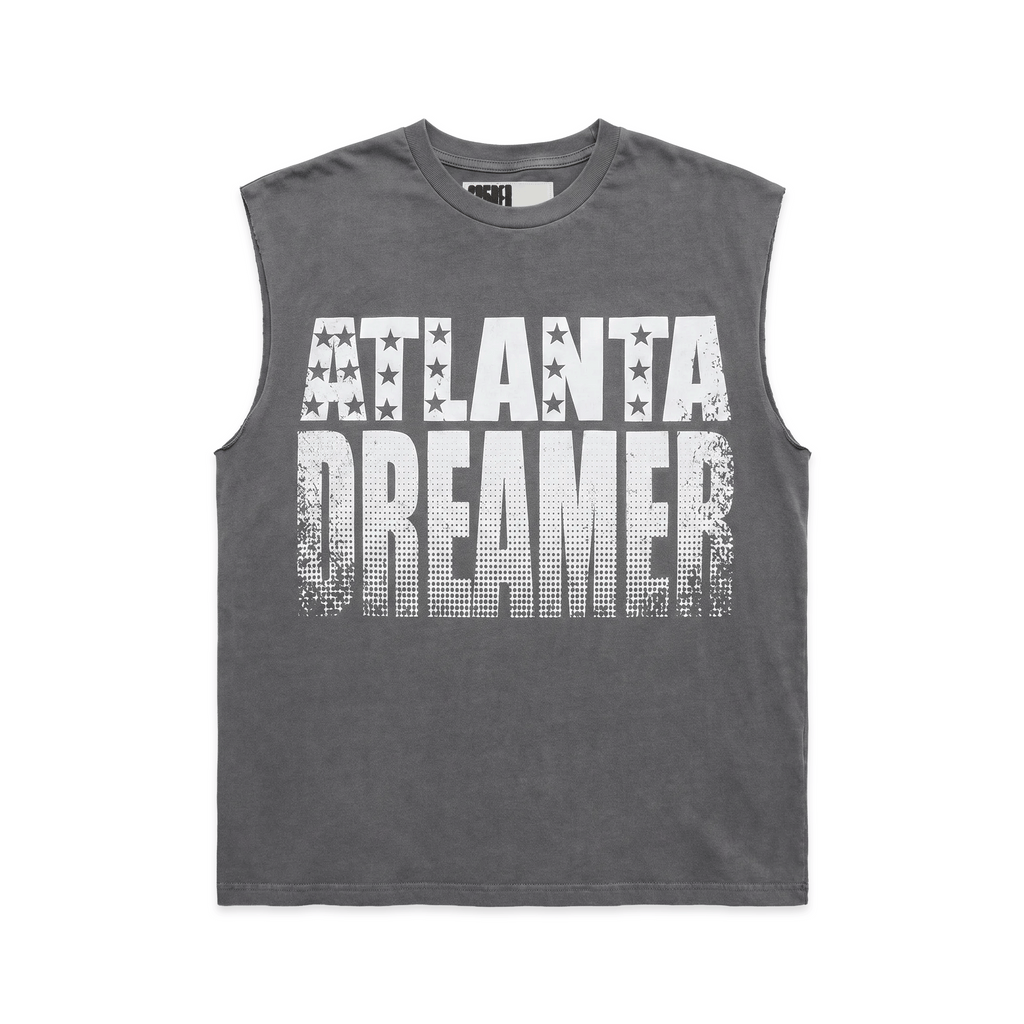 Gray vintage wash cotton tank with "ATLANTA DREAMER" graphic print and raw-cut armholes.