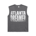 Gray vintage wash cotton tank with "ATLANTA DREAMER" graphic print and raw-cut armholes.
