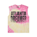 Pink and yellow tie-dye cotton tank top with "ATLANTA DREAMER" graphic print and raw-cut armholes.