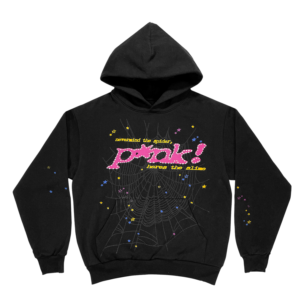 Black OG P*NK HOODIE with pink puff print text, spider web, and colorful star graphics.