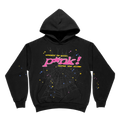 Black OG P*NK HOODIE with pink puff print text, spider web, and colorful star graphics.