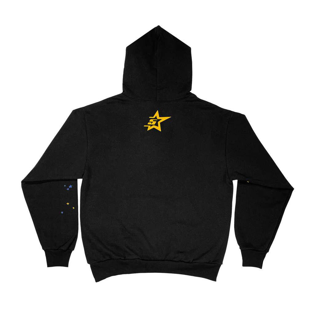 Black OG P*NK HOODIE with yellow SP5DER star logo on back and blue stars on left sleeve.