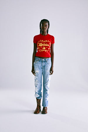 RED RODEO POSTER BABY TEE ON MODEL