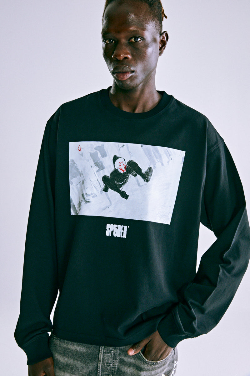 BLACK SPIDEY BOY LS HW TEE ON MODEL