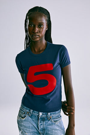 NAVY RED 5 BABY TEE ON MODEL