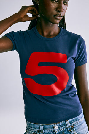 NAVY RED 5 BABY TEE ON MODEL