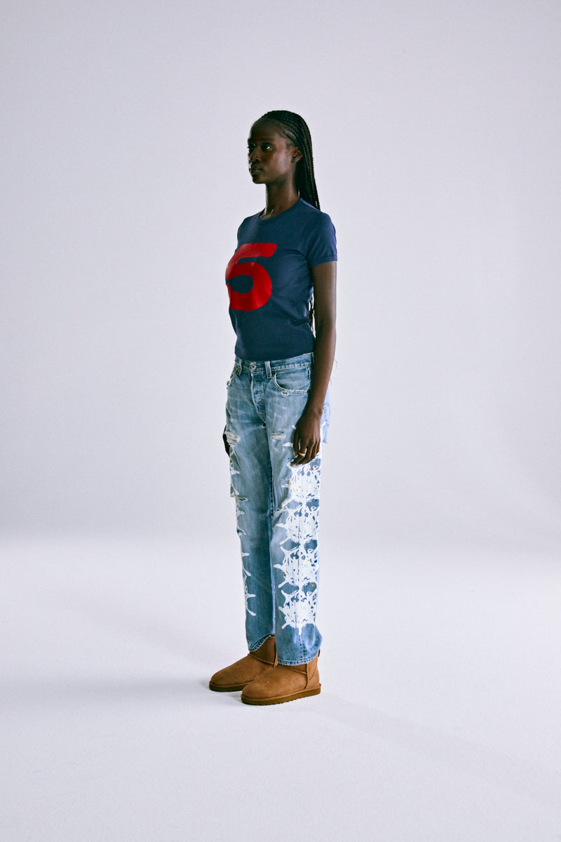 NAVY RED 5 BABY TEE ON MODEL