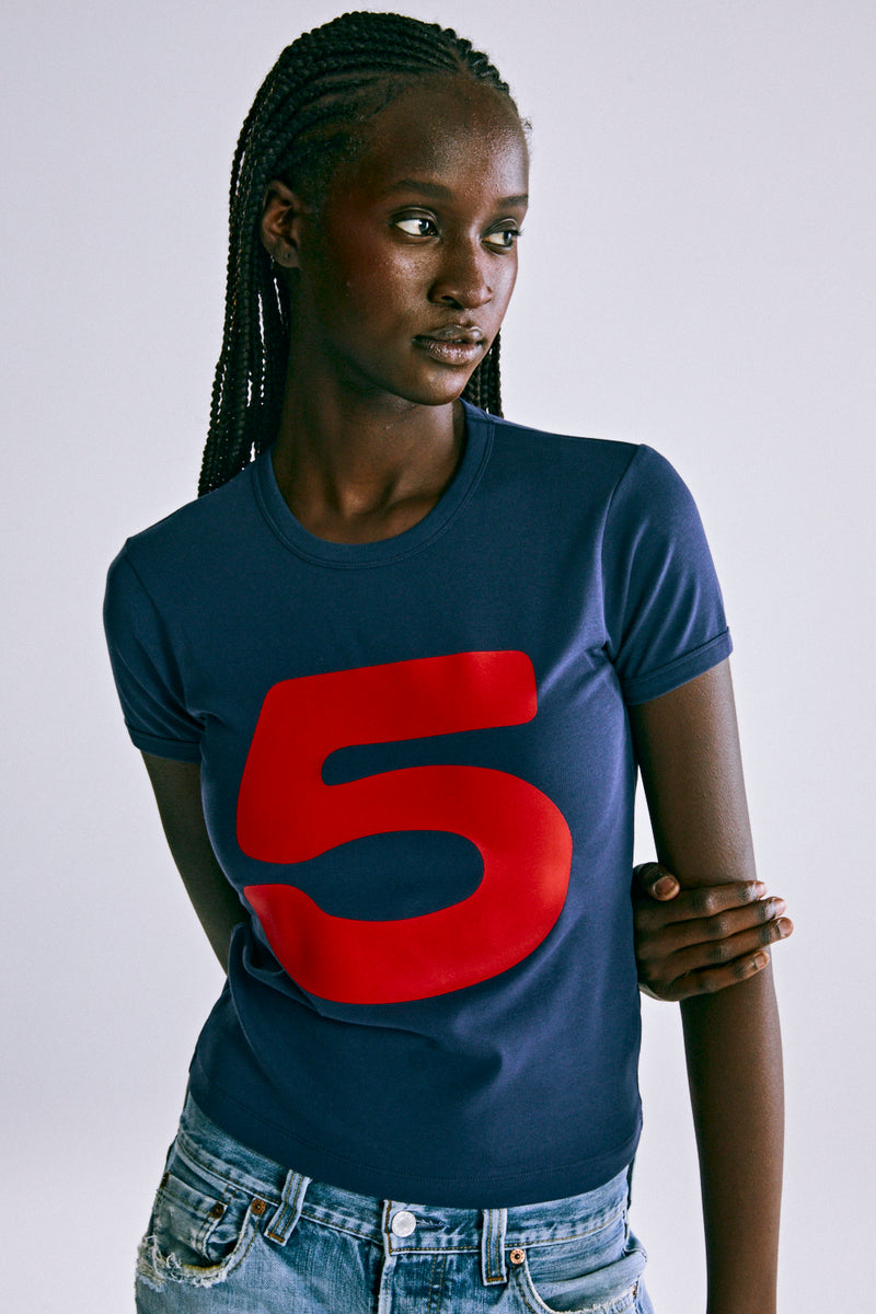 NAVY RED 5 BABY TEE ON MODEL