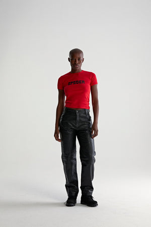 RED WESTERN LOGO BABY TEE ON MODEL