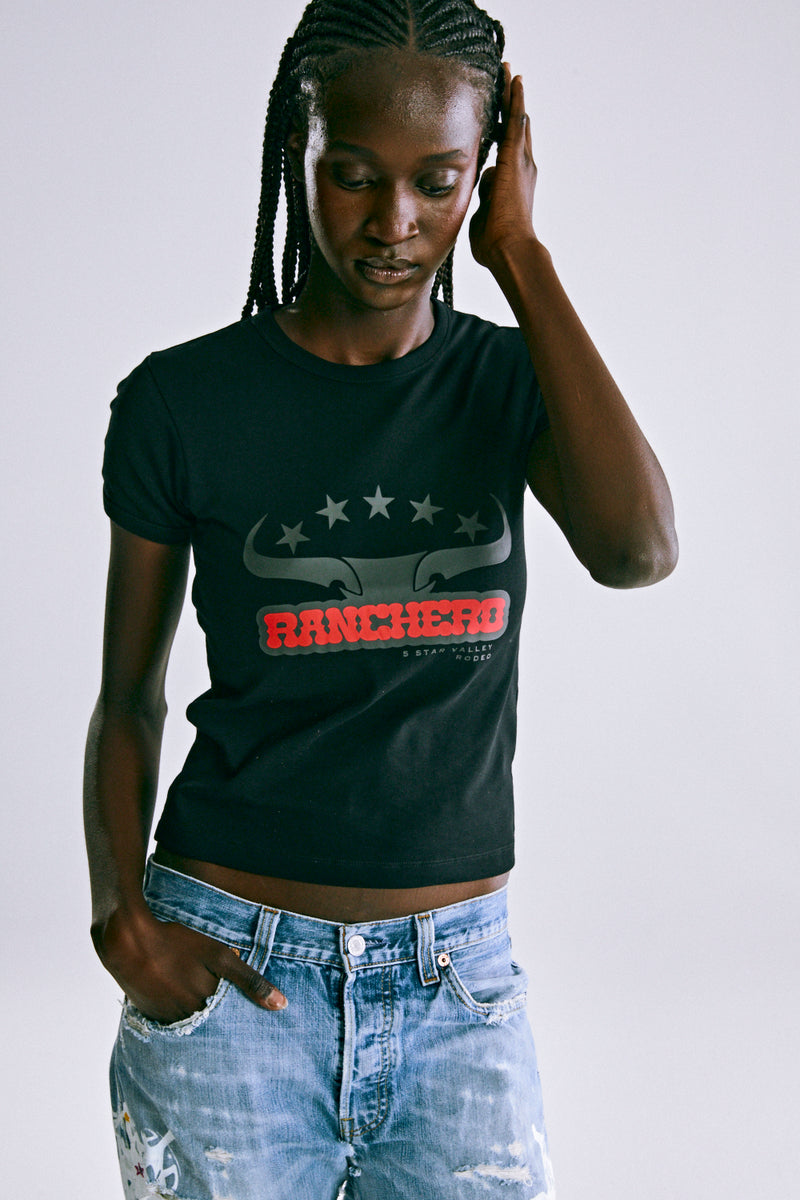 BLACK RANCHERO BABY TEE ON MODEL