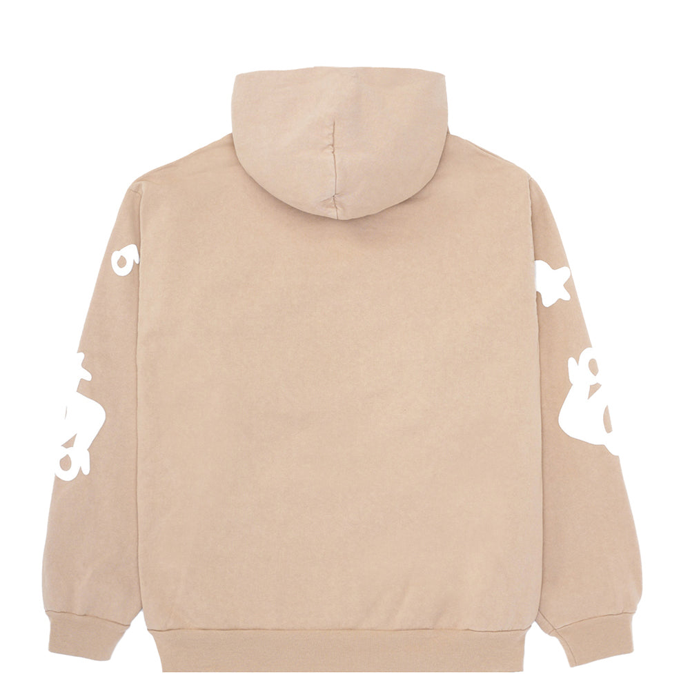 Back view of a sand beluga hoodie with white puff print designs on both sleeves.