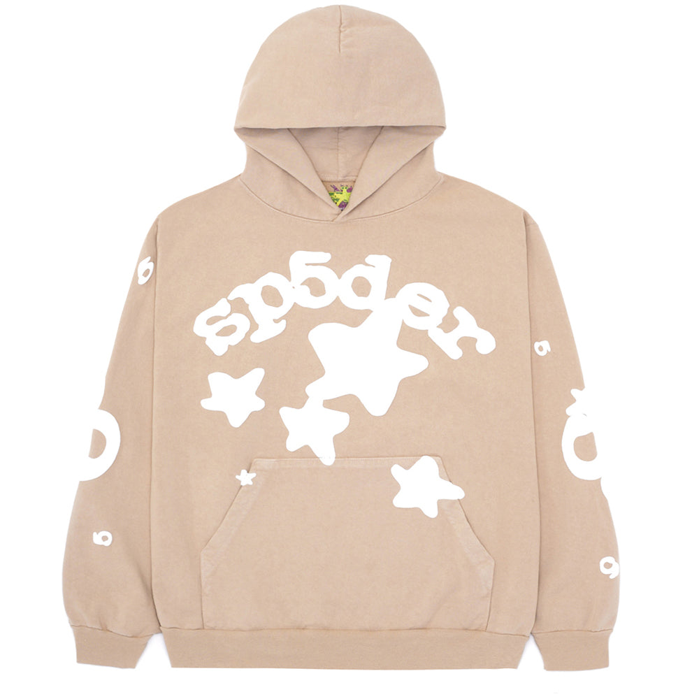 Sand Beluga Hoodie with white "sp5der" text and star puff print on 23oz fleece.