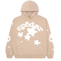 Sand Beluga Hoodie with white "sp5der" text and star puff print on 23oz fleece.