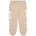 Sand Beluga sweatpants with white puff print "Worldwide" text down both legs and scattered stars.