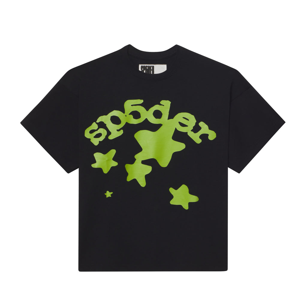 Black 100% cotton standard fit tee featuring a bright green plastisol graphic print of stars and stylized text.