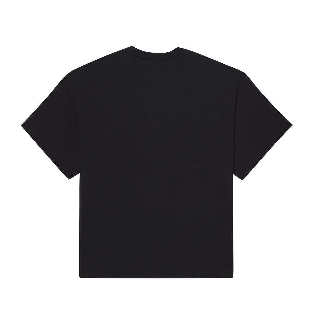 Back view of a standard fit black 100% cotton tee with a plain back.