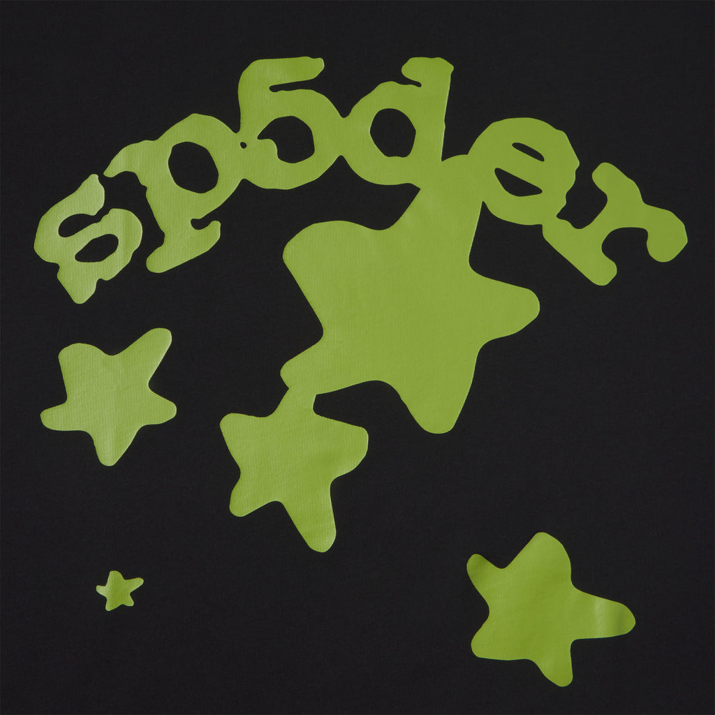Black 100% cotton tee featuring a lime green plastisol graphic print of stylized text and stars.