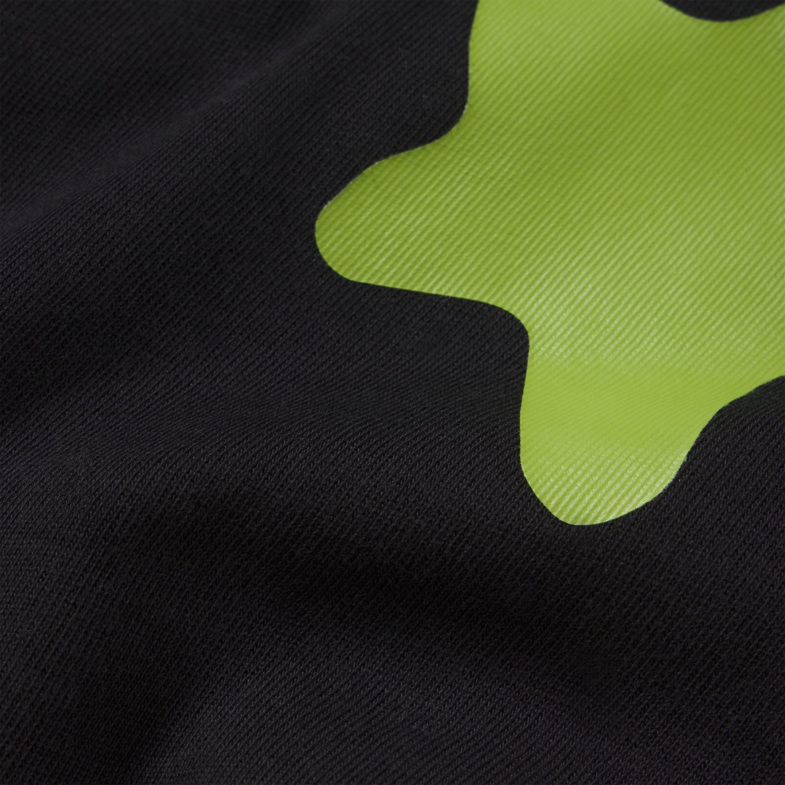 Black 100% cotton tee featuring a bright lime green plastisol graphic print with a smooth, textured finish.