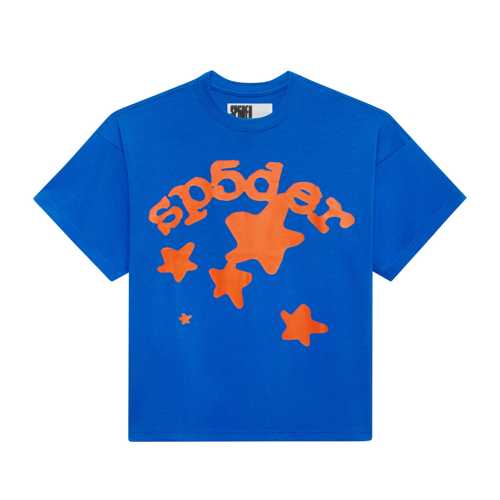 Blue 100% cotton standard fit tee featuring an orange plastisol graphic print of a Beluga design and stars on the front.