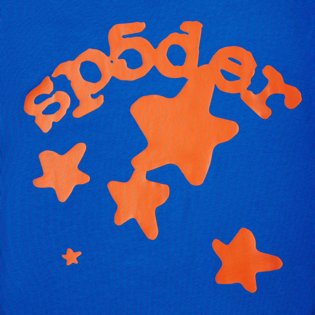 Blue 100% cotton tee featuring an orange plastisol graphic print of stars and stylized text on the front.