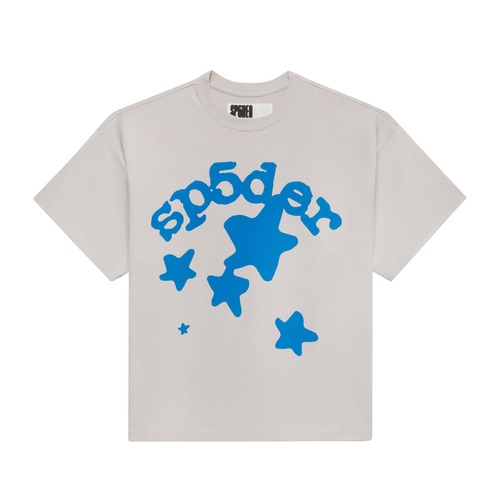Standard fit beige 100% cotton tee featuring a blue plastisol graphic print of the word Sp5der and scattered stars.