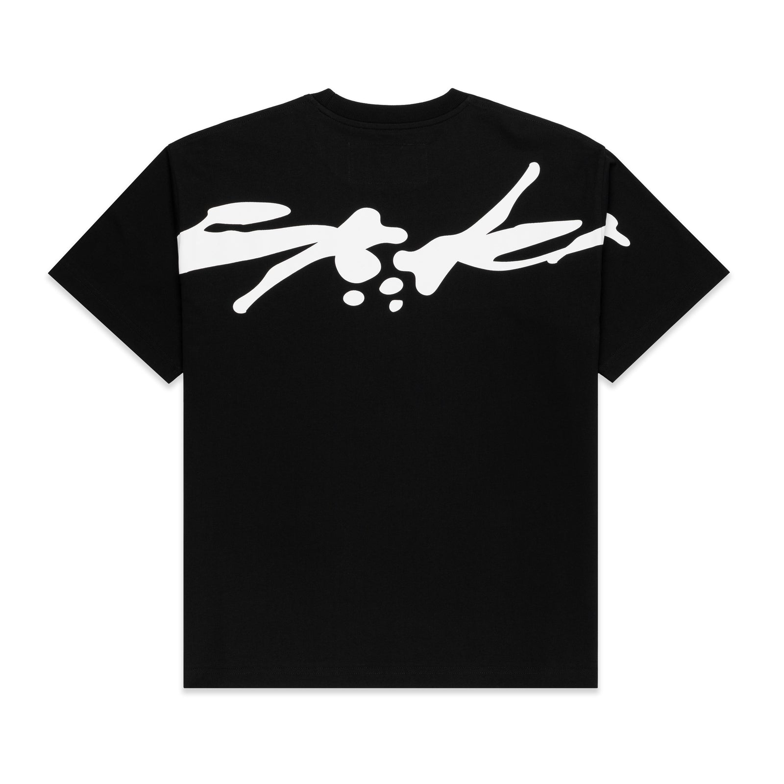 Black 100% cotton TM TEE with a large white abstract graphic print across the back.