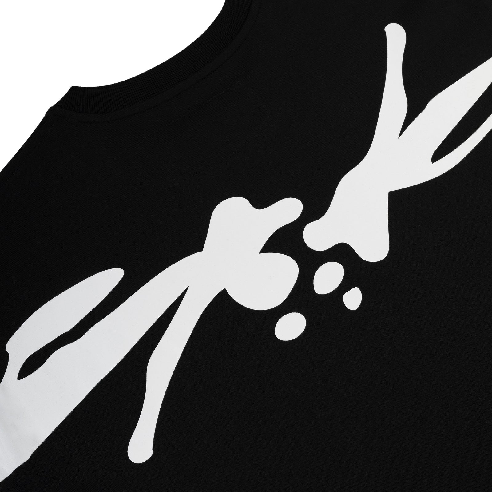 Black 100% cotton TM TEE with a large white abstract graphic print on the front.