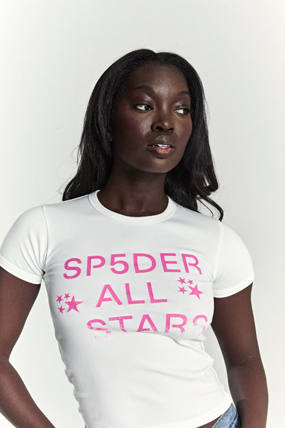 WHITE ALL STAR BABY TEE ON MODEL