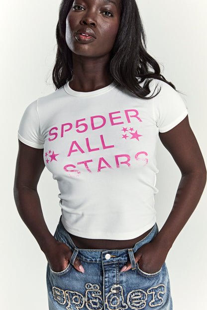 WHITE ALL STAR BABY TEE ON MODEL