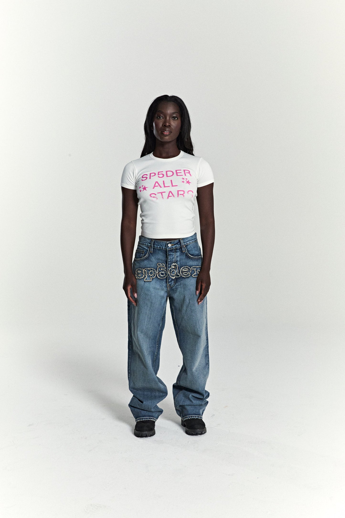 WHITE ALL STAR BABY TEE ON MODEL