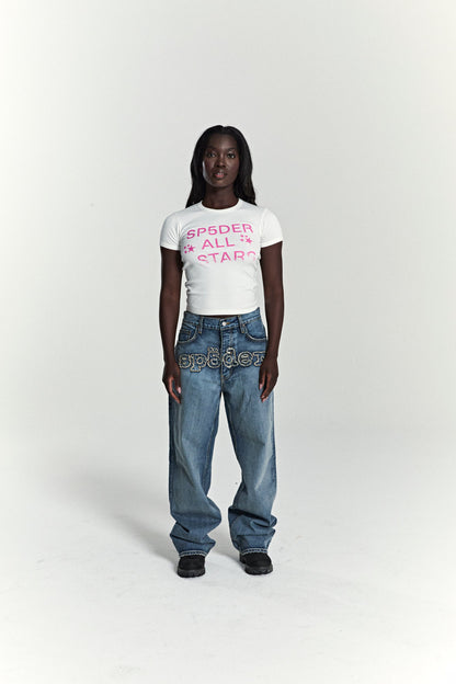 WHITE ALL STAR BABY TEE ON MODEL
