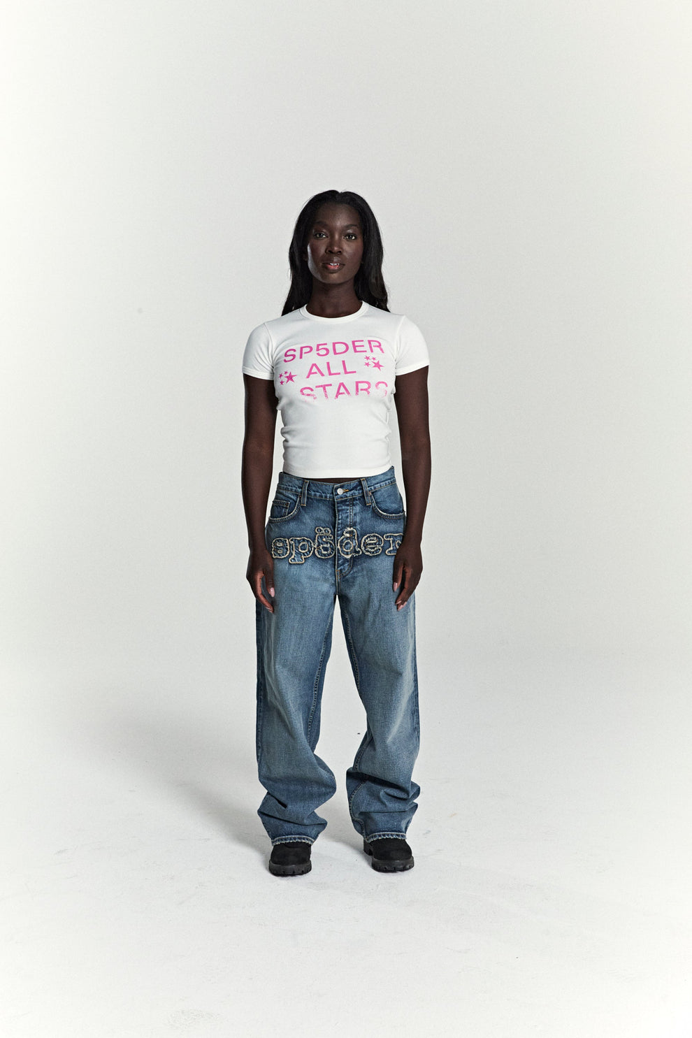 WHITE ALL STAR BABY TEE ON MODEL