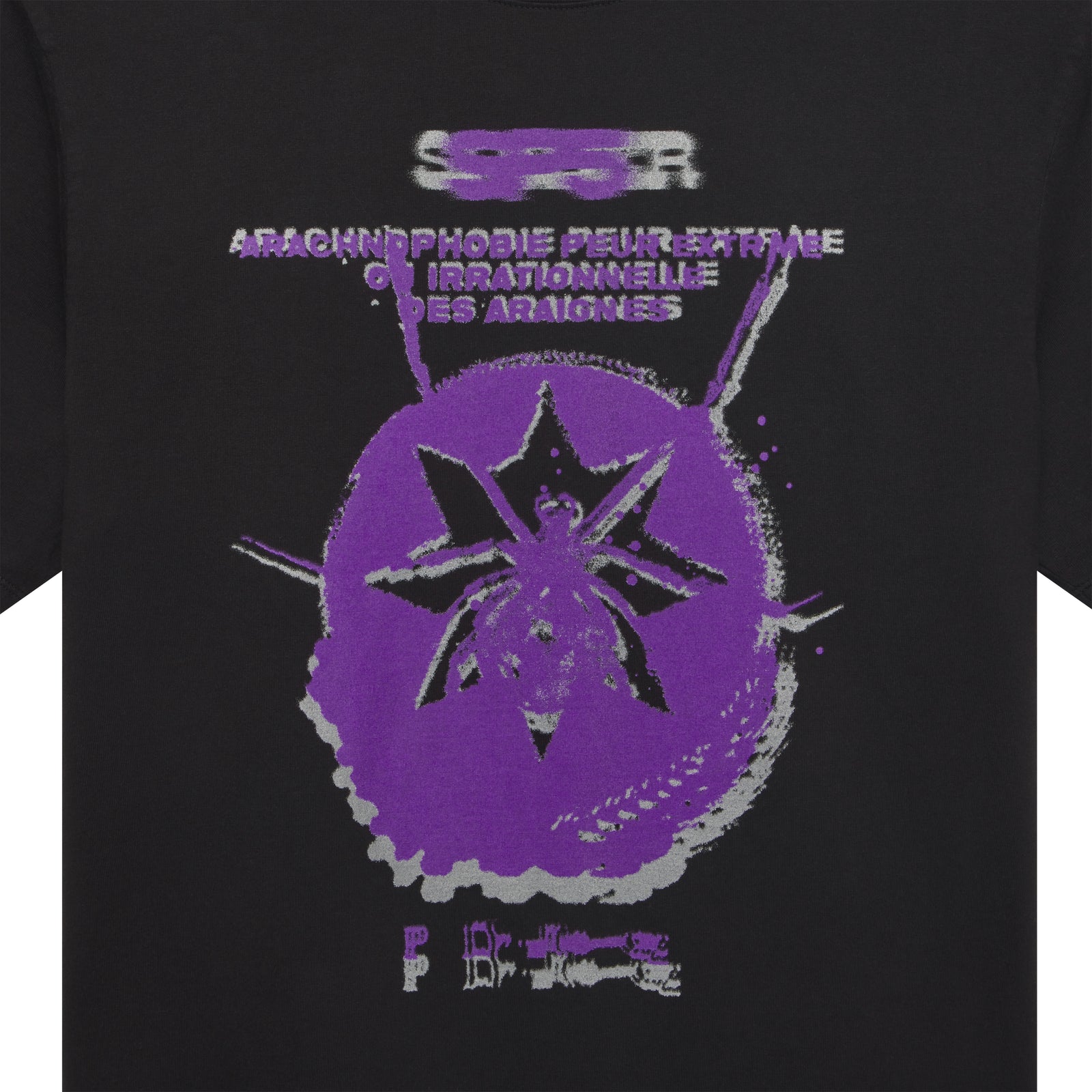 Black cotton FRANCE BLUR TEE with purple and grey graphic print of a spider on a blurred circle.
