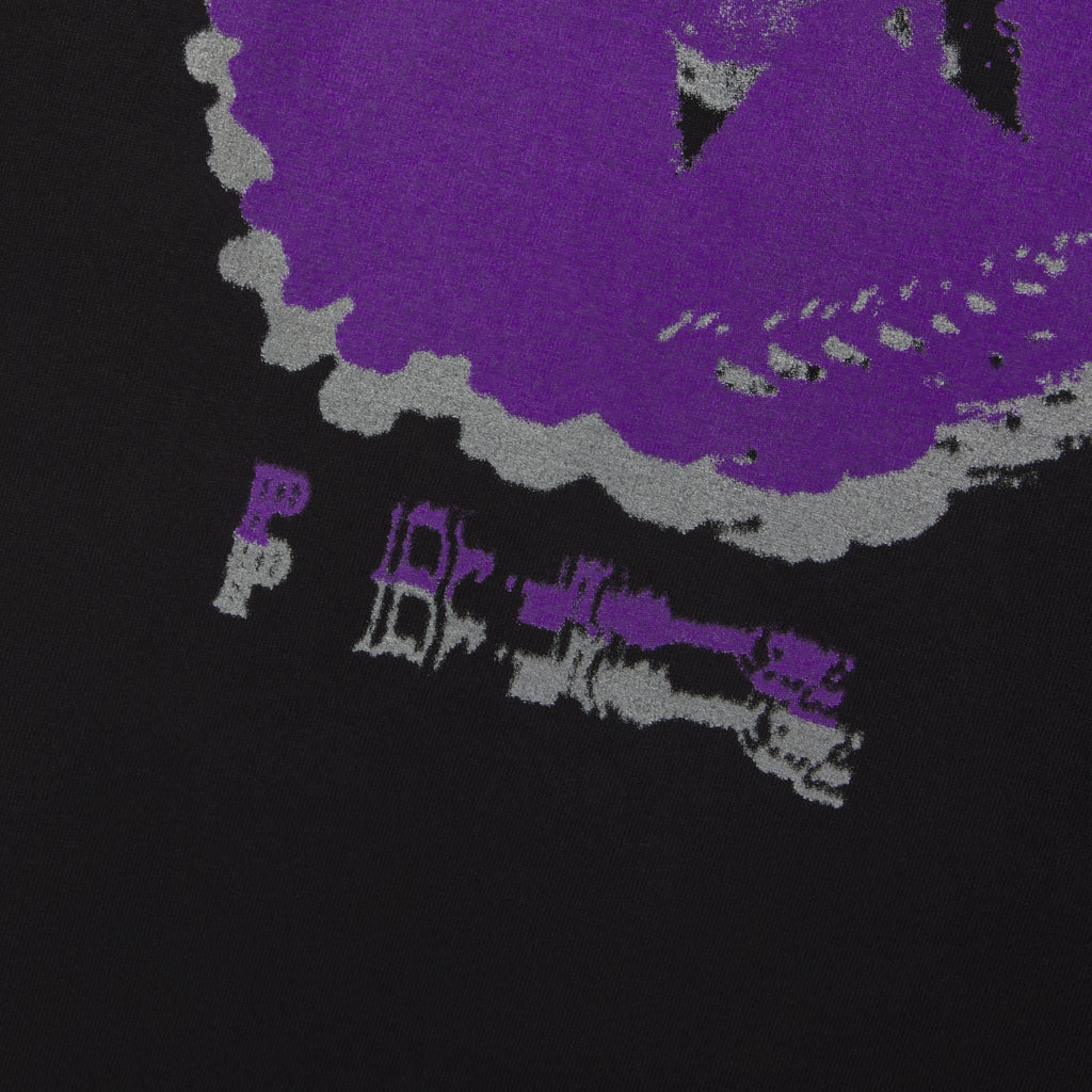 Black cotton tee with a blurred purple and grey graphic print.