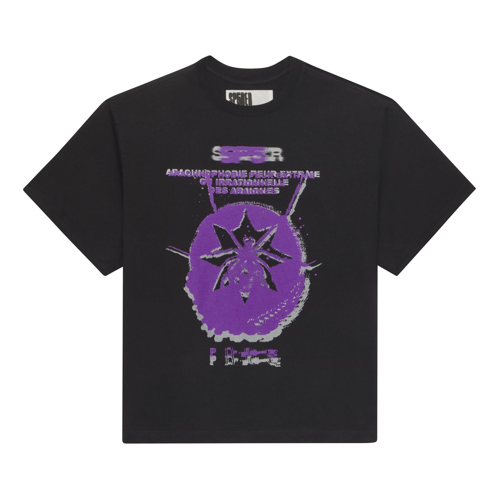 Black cotton tee with a purple blurred spider graphic and French text.
