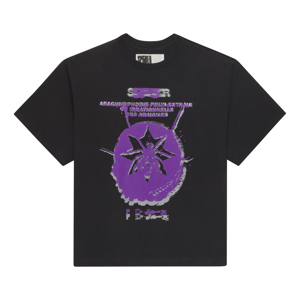 Black cotton tee with a purple blurred spider graphic and French text.