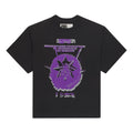 Black cotton tee with a purple blurred spider graphic and French text.