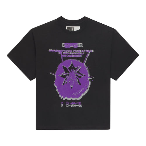 Black cotton tee with a purple blurred spider graphic and French text.