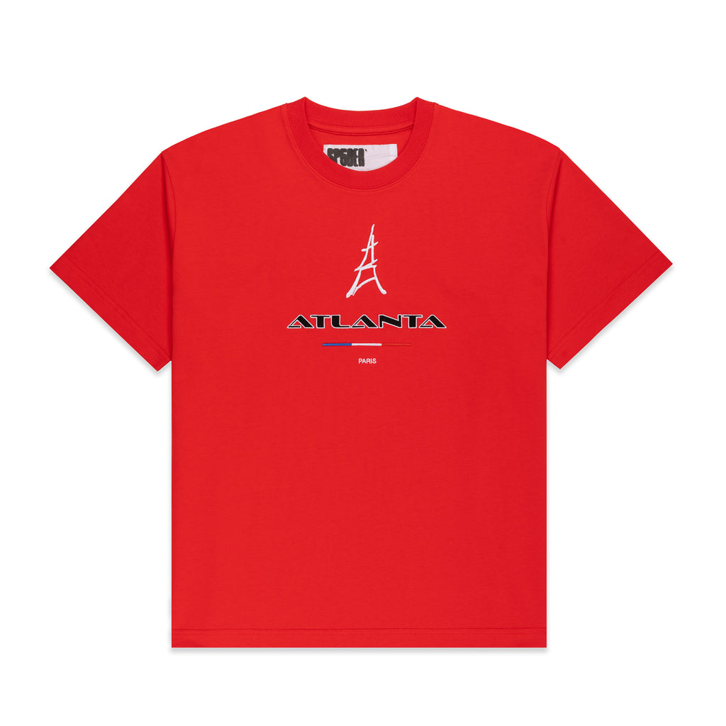 Red 100% cotton tee with embroidered white Atlanta Eiffel Tower graphic and "Paris" text.