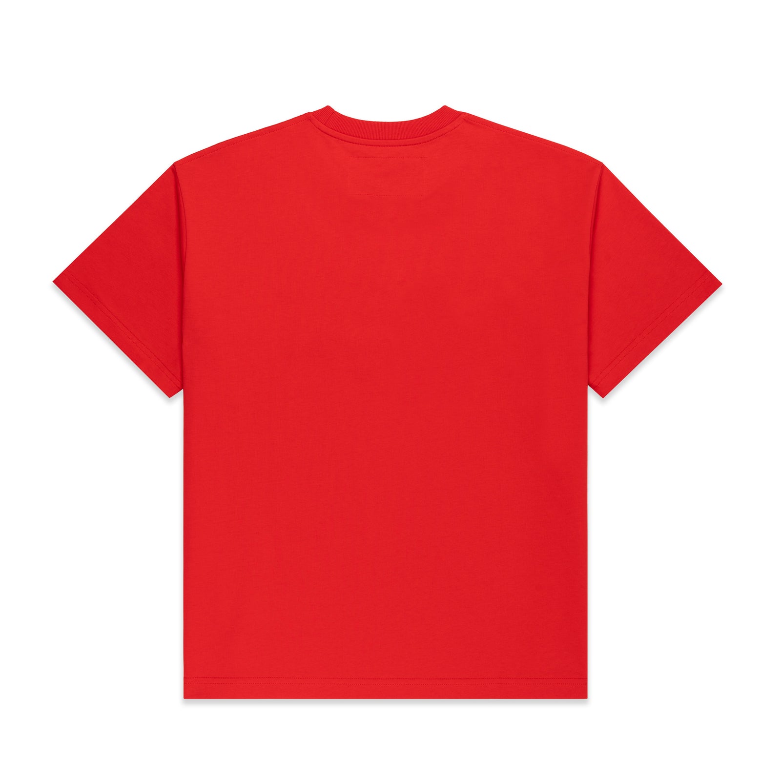 Back of a plain red 100% cotton standard fit tee.