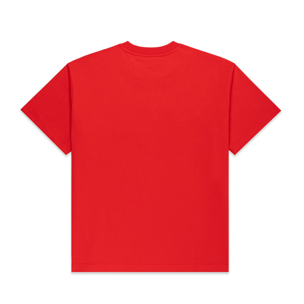 Back of a plain red 100% cotton standard fit tee.